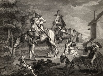 Hudibras Sallies Forth, Samuel Butlerin (1612-80) "Hudibrasista", C. Armstrongin kaivertama, William Hogarthin teoksista, julkaistu 1833 tekijältä William Hogarth