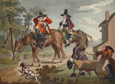 Hudibras Sallies Forth, Samuel Butlerin (1612-80) "Hudibrasista", kuvitus teoksesta "Hogarth Restored: The Whole Works of kuuluisan William Hogarthin, uudelleenkaivertanut Thomas Cook", pub. 1812 (käsi tekijältä William Hogarth