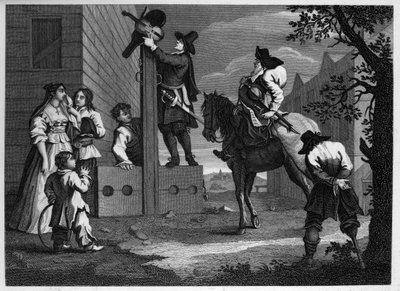 Hudibras ja Ralpho ohjaavat vankinsa Crowderon varastoihin tekijältä William Hogarth