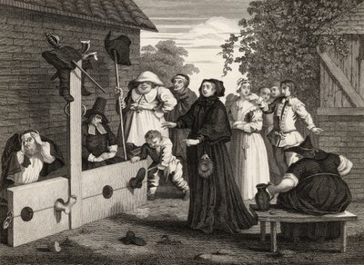 Hudibras ja Ralpho varastoissa, Samuel Butlerin (1612-80) "Hudibrasista", J. Romneyn kaiverrettu, William Hogarthin teoksista, julkaistu 1833 tekijältä William Hogarth