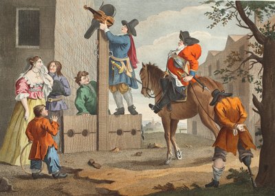 Hudibras johtaa Crowderoa Triumphissa, Samuel Butlerin (1612–1680) Hudibrasista, kuvitus teoksesta "Hogarth Restored: The Whole Works of the kuuluisan William Hogarthin, uudelleenkaiverrettu Thomas Cook", pub. 1812 (käsinvärinen kaiverrus) tekijältä William Hogarth