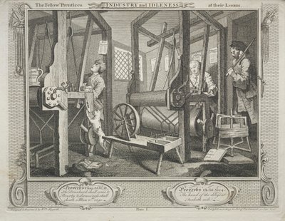 Teollisuus ja joutilaisuus: The Fellow Prentices kutomakoneissaan tekijältä William Hogarth