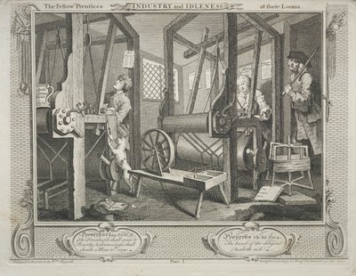 Teollisuus ja joutilaisuus: The Fellow Prentices at their Loooms, 1747. tekijältä William Hogarth