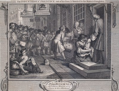 Teollisuus ja joutilaisuus: Prentice Married (viivakaiverrus paperille). tekijältä William Hogarth