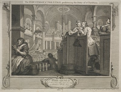 Teollisuus ja joutilaisuus: Ahkera prentice suorittamassa kristityn velvollisuutta, 1747. tekijältä William Hogarth