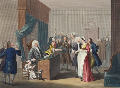 Oikeus voittaa, kuvitus teoksesta "Hogarth Restored: The Whole Works of kuuluisan William Hogarthin, uudelleenkaiverrettu Thomas Cook", pub. 1812 (käsinvärinen kaiverrus) tekijältä William Hogarth
