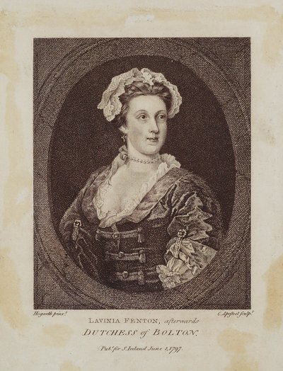 Lavinia Fenton, myöhemmin Boltonin herttuatar, kaiverrus Cornelius Apostool (1762-1844), 1797 (pistekaiverrus) tekijältä William Hogarth