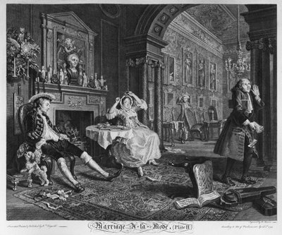 Avioliitto a la Mode, levy II, The Tete a Tete, 1745 tekijältä William Hogarth