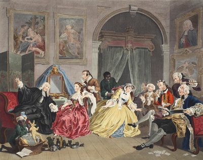 Marriage a la Mode, Plate IV, The Toilette, kuvitus teoksesta "Hogarth Restored: The Whole Works of the Tunnelmallisen William Hogarthin, uudelleenkaiverrettu Thomas Cook", pub. 1812 (käsinvärinen kaiverrus) tekijältä William Hogarth