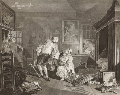 Marriage à la Mode / Avioliitto muodin mukaan. Arkki 5: Bagnio / Kreivi kaatuu kaksintaistelussa. 1745 tekijältä William Hogarth