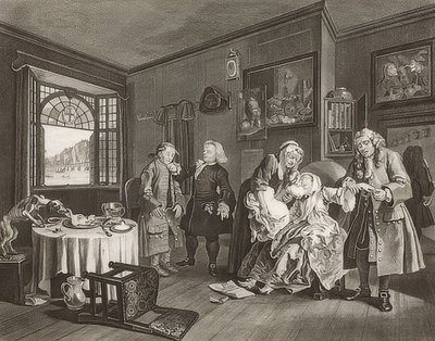 Marriage à la Mode / Avioliitto muodin mukaan. Arkki 6: Naisen kuolema / Der Selbstmord der Gräfin. 1745 tekijältä William Hogarth