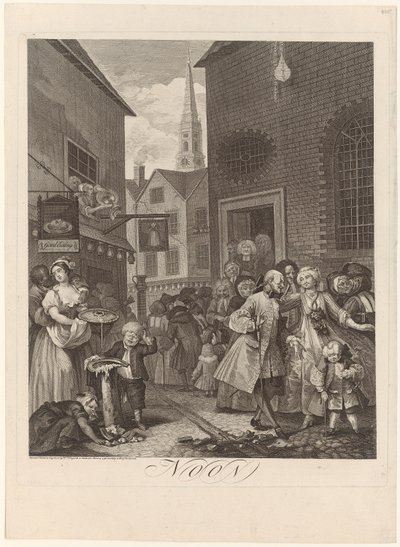 Keskipäivä, lehti 2 sarjasta "Neljä vuorokaudenaikaa" tekijältä William Hogarth