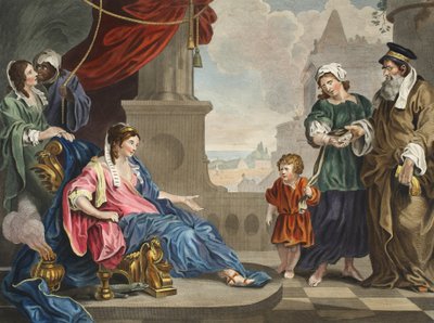 Mooses toi faraon tyttärelle, kuvituksen julkaisusta "Hogarth Restored: The Whole Works of kuuluisan William Hogarthin, uudelleenkaivertanut Thomas Cook", pub. 1812 (käsinvärinen kaiverrus) tekijältä William Hogarth