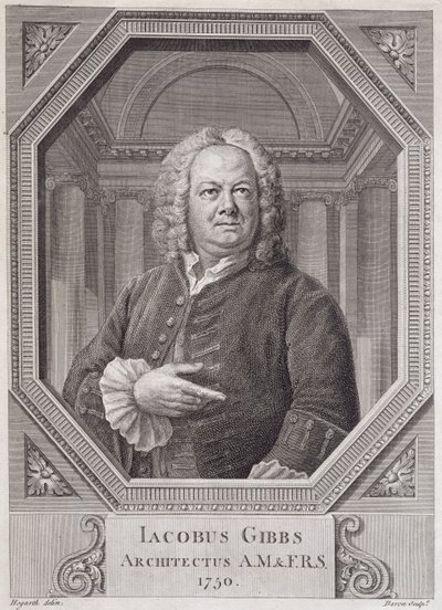 Muotokuva James Gibbsistä (1682-1754) kirjasta "Plans, Sections and Elevations of the Radcliffe Library", kaiverrus Bernard Baron (1696-n.1766) 1750 tekijältä William Hogarth