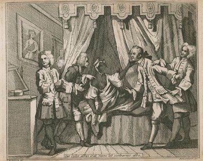 Hän, joka oli nyt valkoinen, on valkoisen vastakohta; Neljä miestä kohtaa mustan naisen hänen makuuhuoneessaan tekijältä William Hogarth
