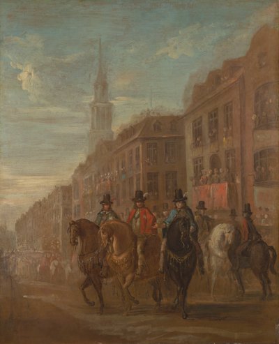 Kaarle II:n entisöintikulkue Cheapsidessa tekijältä William Hogarth