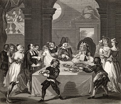 Sancho at the Feast, jonka hänen lääkärinsä nälkäisi, teoksesta The Works of Hogarth, julkaistu 1833 tekijältä William Hogarth