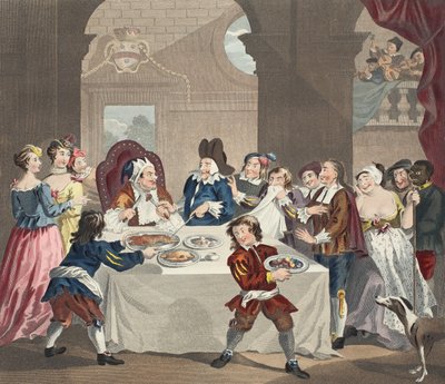 Sancho at the Feast Starved by hänen Physician, kuvitus julkaisusta "Hogarth Restored: The Whole Works of kuuluisan William Hogarthin, uudelleenkaiverrettu Thomas Cook", pub. 1812 (käsinvärinen kaiverrus) tekijältä William Hogarth