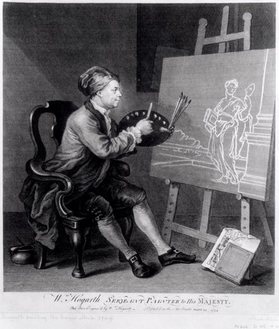 Self Portrait Painting the Comic Muse, taiteilijan kaivertama, pubi. 1758 tekijältä William Hogarth