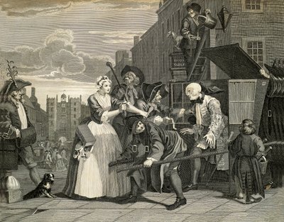 Katukohtauksia Lontoossa, William Hogarth (1697-1764), kaiverrus, Englanti tekijältä William Hogarth