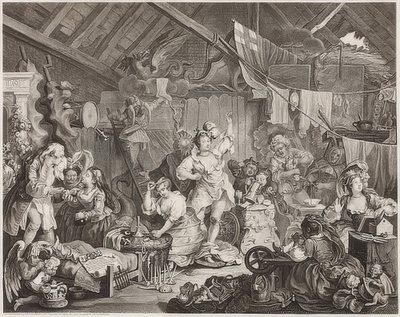 Kiertelevät näyttelijät pukeutumassa navettaan. 1738 tekijältä William Hogarth