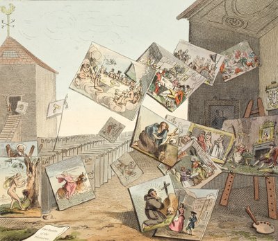 The Battle of the Pictures, kuvitus teoksesta "Hogarth Restored: The Whole Works of kuuluisan William Hogarthin, uudelleenkaiverrettu Thomas Cook", pub. 1812 (käsinvärinen kaiverrus) tekijältä William Hogarth