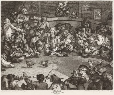 Ohjaamo / Der Hahnenkampfplatz. 1759 tekijältä William Hogarth