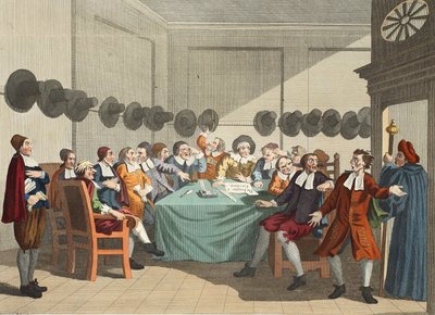 Komitea Samuel Butlerin (1612-80) "Hudibrasista", kuvitus teoksesta "Hogarth Restored: The Whole Works of the kuuluisan William Hogarthin, uudelleenkaiverrettu Thomas Cook", pub. 1812 (käsinvärinen tekijältä William Hogarth