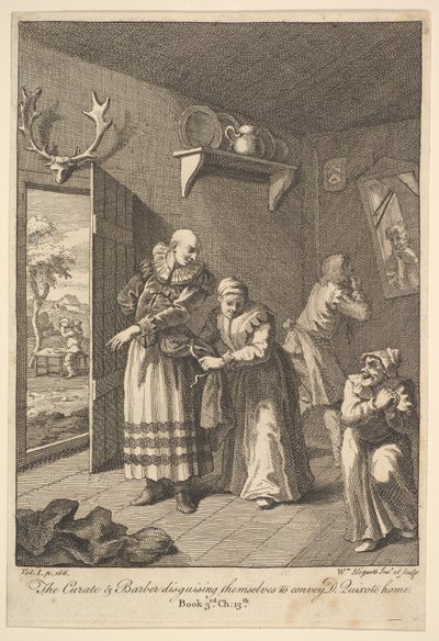 Kuraattori ja parturi naamioituvat välittääkseen Don Quijote Home Six I..., 1756 tai sen jälkeen. tekijältä William Hogarth