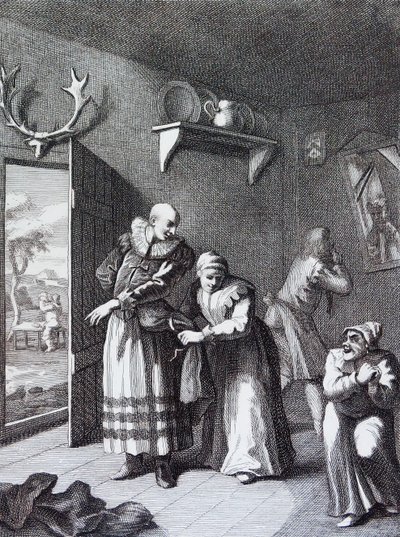 Kuraattori ja parturi naamioituvat välittääkseen Don Quijoten kotiin. Kirjailija: William Hogarth tekijältä William Hogarth