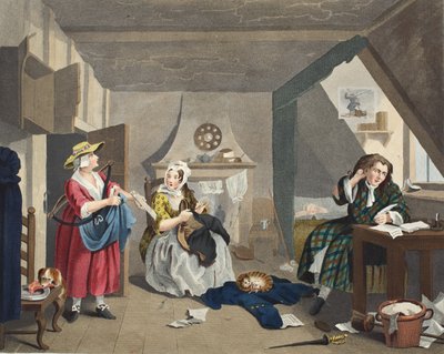 Ahdistunut runoilija, kuvitus teoksesta "Hogarth Restored: The Whole Works of kuuluisan William Hogarthin, uudelleenkaiverrettu Thomas Cook", pub. 1812 (käsinvärinen kaiverrus) tekijältä William Hogarth