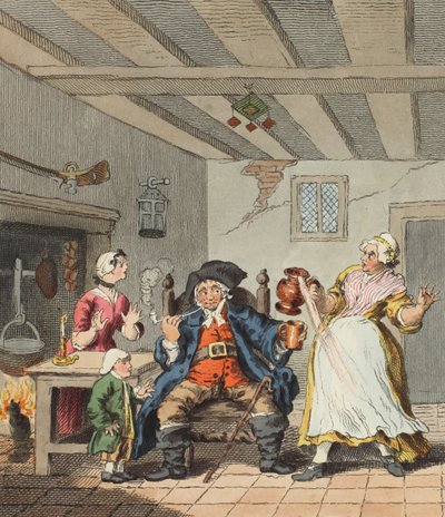 Maanviljelijän paluu, kuvitus teoksesta "Hogarth Restored: The Whole Works of the Familled William Hogarth, re-engraved by Thomas Cook", pub. 1812 (käsin väritetty kaiverrus). tekijältä William Hogarth