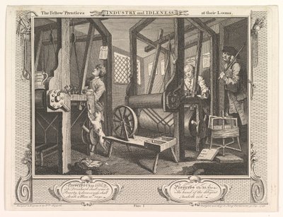 The Fellow Prentices at their Loooms Industry and Idleness, levy 1, 30. syyskuuta 1747. tekijältä William Hogarth