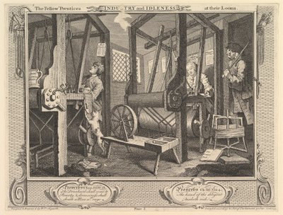 The Fellow Prentices at their Loooms: Industry and Idleness, levy 1, 30.9.1747. tekijältä William Hogarth
