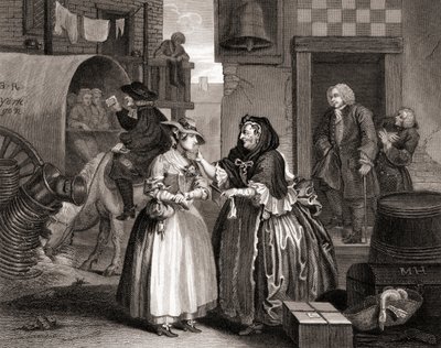The Harlots Progress orjuuttamana prostituoidun toimesta, teoksesta The Works of Hogarth julkaistu Lontoossa 1833 (kaksoispiirros). tekijältä William Hogarth