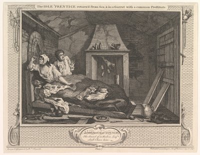 Idle Prentice palasi mereltä ja katossa tavallisen prostituoidun kanssa..., 30. joulukuuta 1747. tekijältä William Hogarth