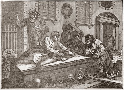 Idle Prerentice leikkimässä kirkon pihalla jumalanpalveluksen aikana - lautanen brittiläisen kuvittajan William Hogarthin (1697-1764) 12 kaiverruksen sarjasta "Teollisuus ja joutilaisuus", "Zele ja laiskuus"", kertomalla kahden a tekijältä William Hogarth