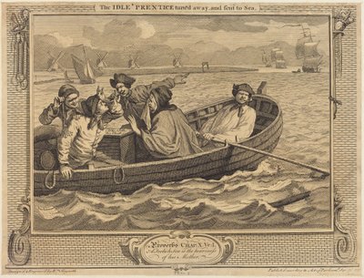 Joutilas oppipoika käännytetään pois ja lähetetään merille tekijältä William Hogarth