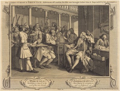 Ahkera Lontoon Prentice Alderman, joutilainen, jonka hänen rikoskumppaninsa nosti hänen eteensä tekijältä William Hogarth