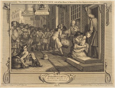 Ahkera oppipoika oppiaikansa päätyttyä, naimisissa mestarinsa tyttären kanssa tekijältä William Hogarth