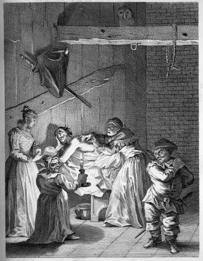 Majatalon pitäjien vaimo ja tytär huolehtivat Donista pahoinpitelyn ja mustelmien jälkeen tekijältä William Hogarth