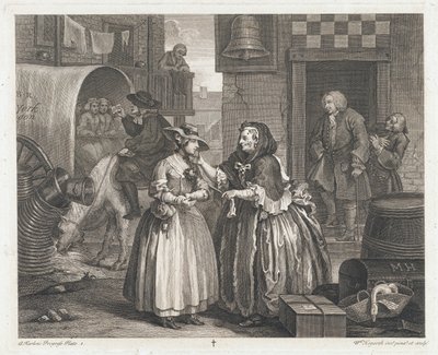 Viattomasta tytöstä tulee portto, suunniteltu 1732, painettu 1744 (Etsaus ja kaiverrus) tekijältä William Hogarth