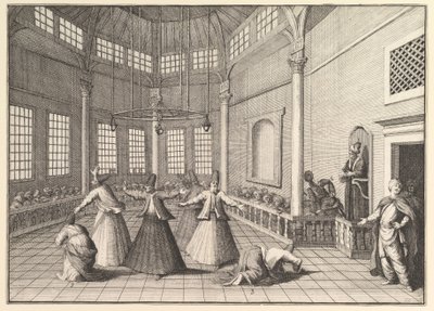 Moskeijan sisällä tanssivat dervishit Aubry de La Mottrayes matkustaa läpi..., 1723-24. tekijältä William Hogarth