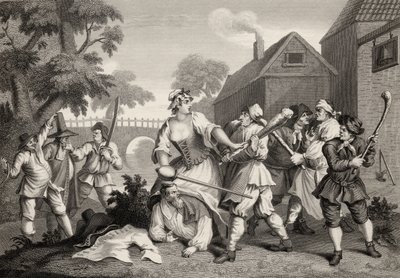The Knight Submits to Trulla, Samuel Butlerin (1612-80) Hudibrasista, jonka kaiverrus F.F. Walker, teoksesta The Works of William Hogarth, julkaistu 1833 tekijältä William Hogarth