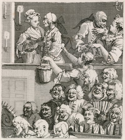 Naurava yleisö. Hogarthin näkemys Drury Lanesta oransseine neitoineen vuonna 1733. tekijältä William Hogarth