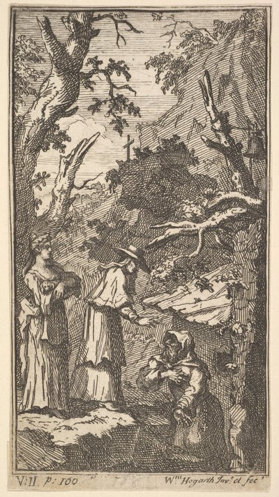 Uusi metamorfoosi, levy 7: Kardinaali, erakko ja Donna Angela pitelee Fantasiaa, 1724. tekijältä William Hogarth