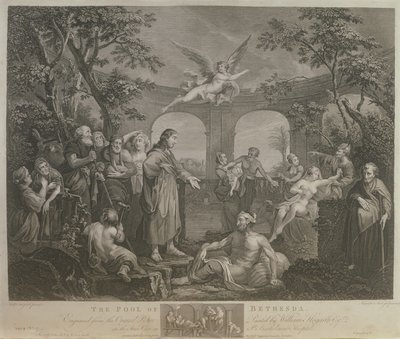 Bethesdan allas, kaiverrettu J. M. Delatre ja Simon Francis Ravenet, julkaissut John Boydell (1719-1804) 1772 tekijältä William Hogarth