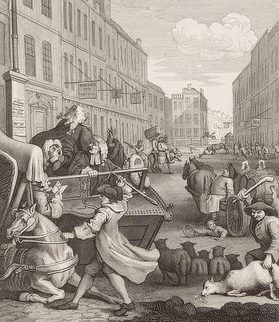 julmuuden toinen vaihe. Lähde: The Four Stages of Cruelty / The four stages of cruelty. 1751 tekijältä William Hogarth