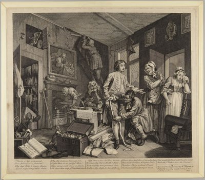 Nuori perillinen ottaa perintönsä haltuunsa, laatta 1 sarjasta "Tuhlaajapojan tie" tekijältä William Hogarth