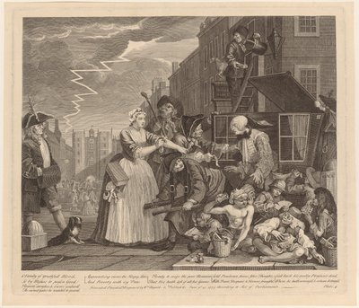 Pidätetty velkojen vuoksi, lehti 4 sarjasta "Rentun elämä" tekijältä William Hogarth